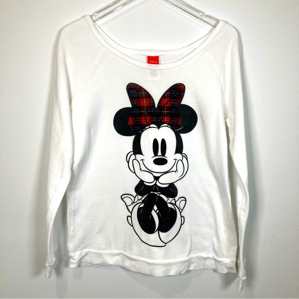 Disney Minnie Mouse Plaid Bow White Sweat Shirt Raglan Sleeve
